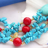 Unique AA 4Row 8'' Turquoise Red Coral Handwork Fine Jewelry Women Gift