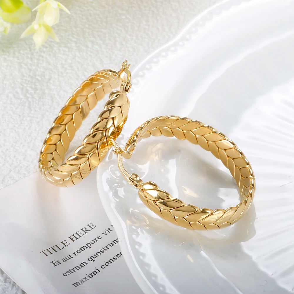Vintage Stainless Steel Twisted Hoop Earrings 18K Plated Jewelry