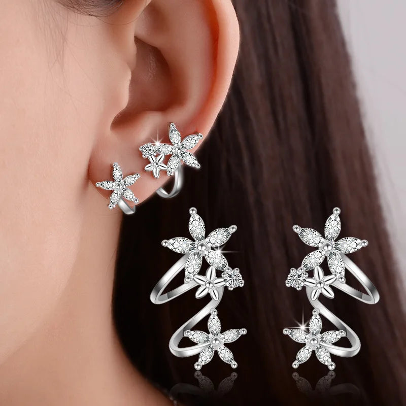 Crystal Flower 925 Silver Clip Earrings for Women