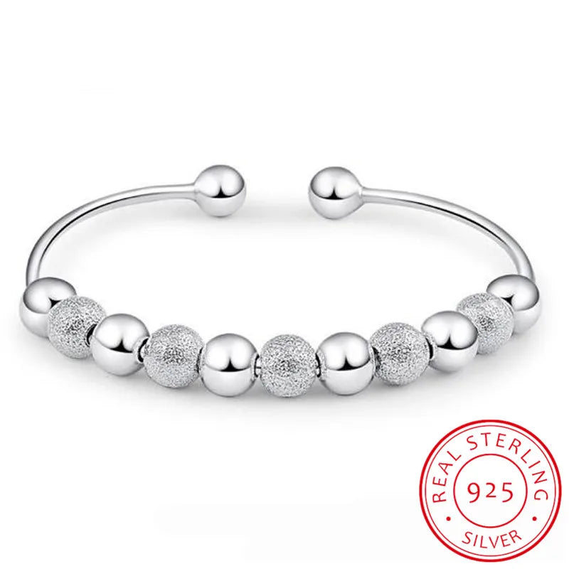 925 Silver Lucky Beads Bangles Open Cuff Bracelets for Women