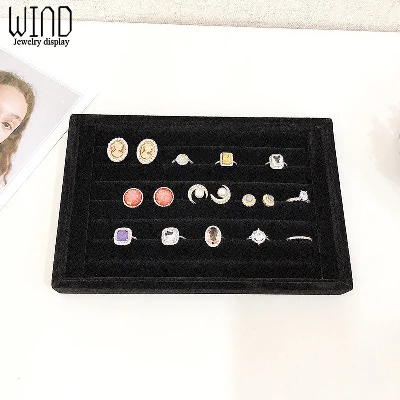 Portable Velvet Jewelry Ring Display Case Earring Storage Organizer