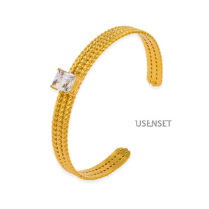 Stainless Steel CZ Cuff Bangle Textured Open Bracelet