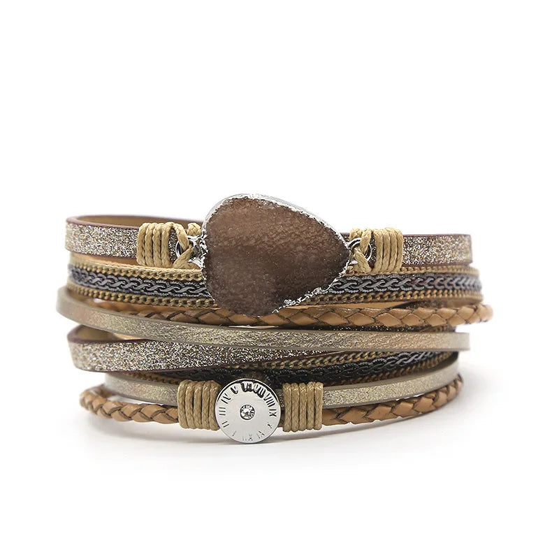 Boho Style Turquoise Feather Leather Bracelet Vintage Magnetic Buckle