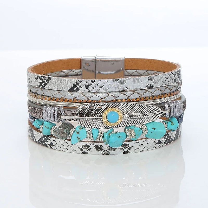Boho Style Turquoise Feather Leather Bracelet Vintage Magnetic Buckle