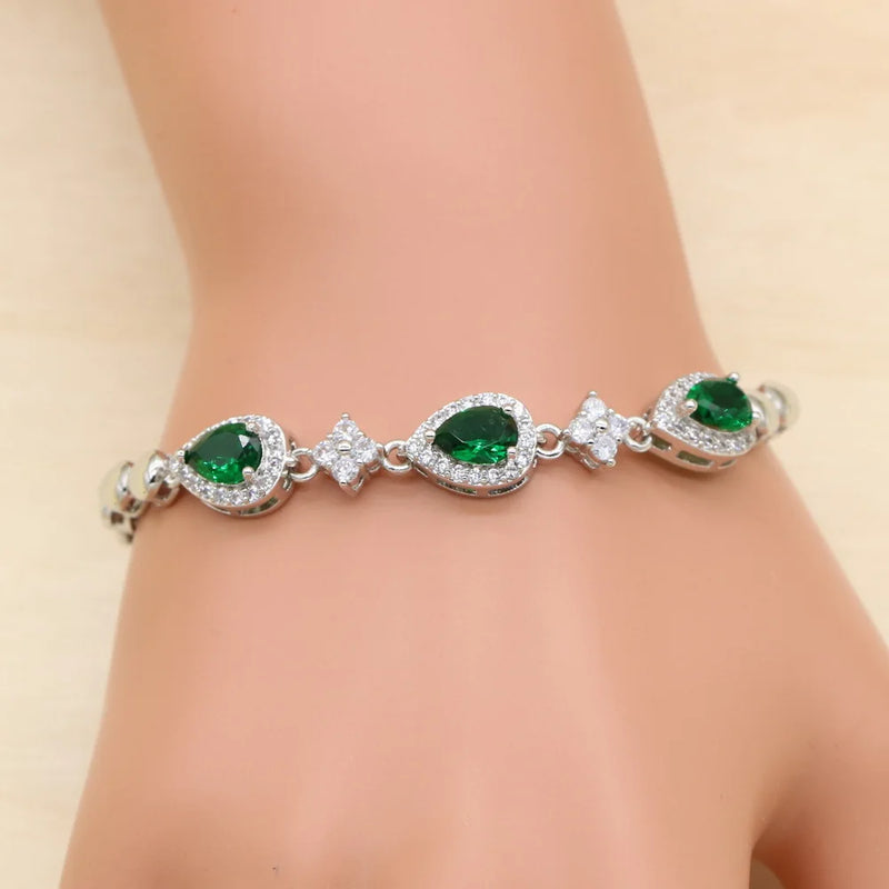 Green Cubic Zirconia CZ Silver 925 Charm Bracelet 18+3cm