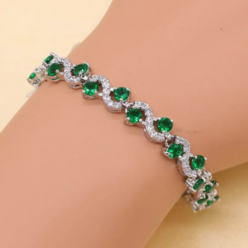 Green Cubic Zirconia CZ Silver 925 Charm Bracelet for Women
