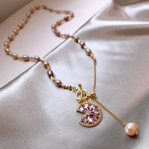 Sweet CZ Zircon Flower Freshwater Pearl 14K Filled Pendant Necklace