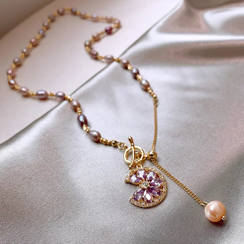 Sweet CZ Zircon Flower Freshwater Pearl 14K Filled Pendant Necklace