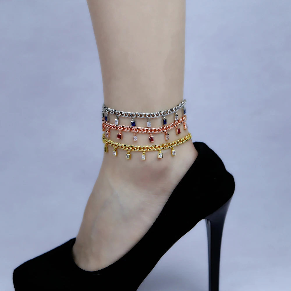 Rainbow Colorful Cz Drop Cuban Link Chain Anklet Women Foot Jewelry