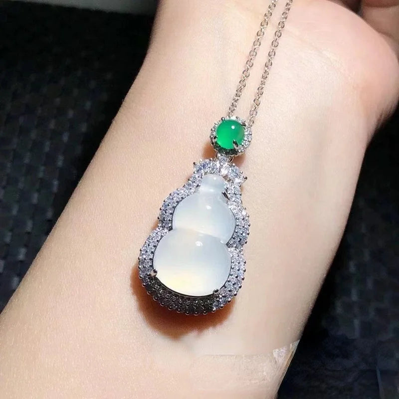 925 Silver Gourd Chalcedony Pendant Charm Hand-Carved Jewelry