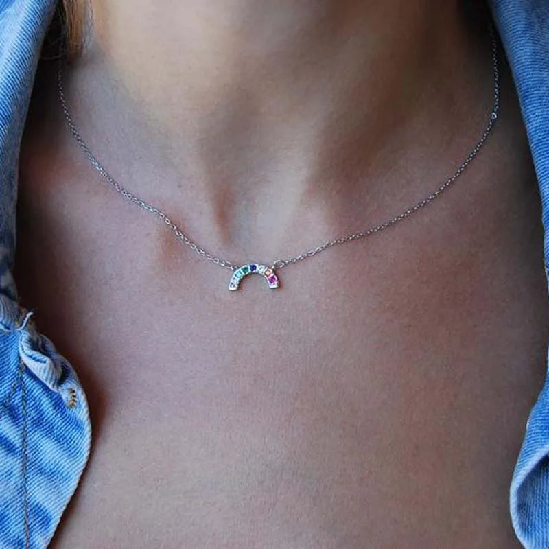 925 Silver Rainbow Moon CZ Choker Necklace Colorful Jewelry for Women