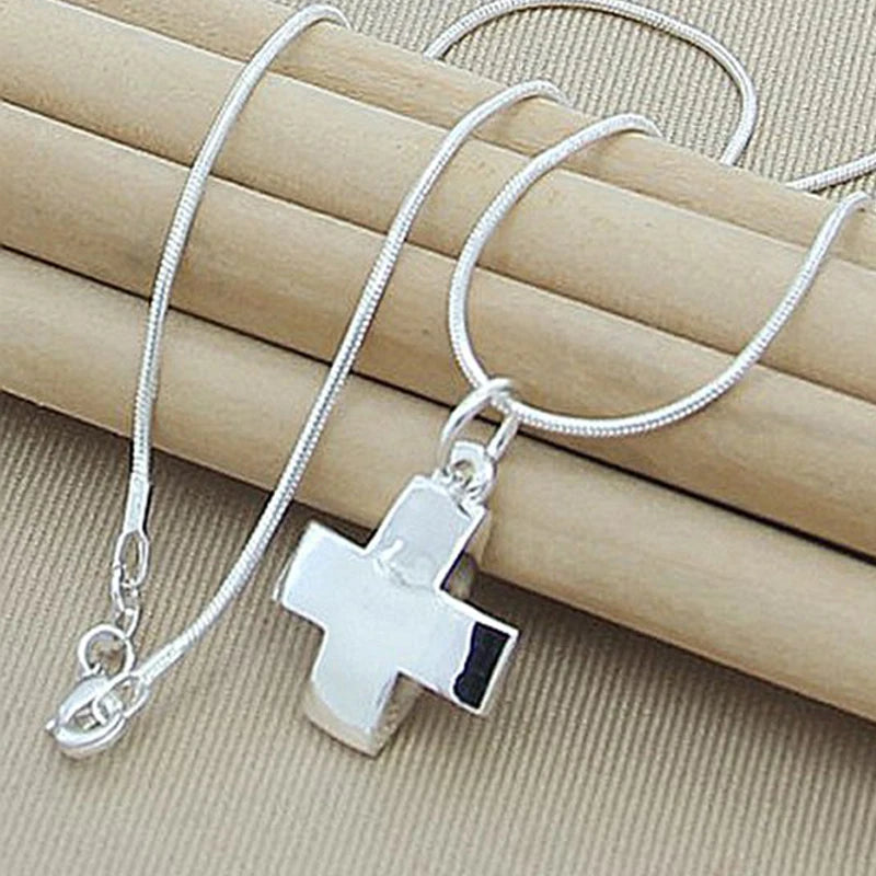 925 Silver Short Cross Pendant Snake Chain Necklace Unisex 18inch Gift