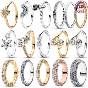 925 Sterling Silver Zircon Charm Ring Sun Moon Droplet Shape Jewelry