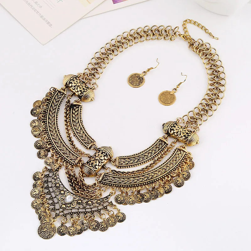 Exaggerated Carved Coin Tassel Collarbone Chain Necklace Punk Goth Jewelry