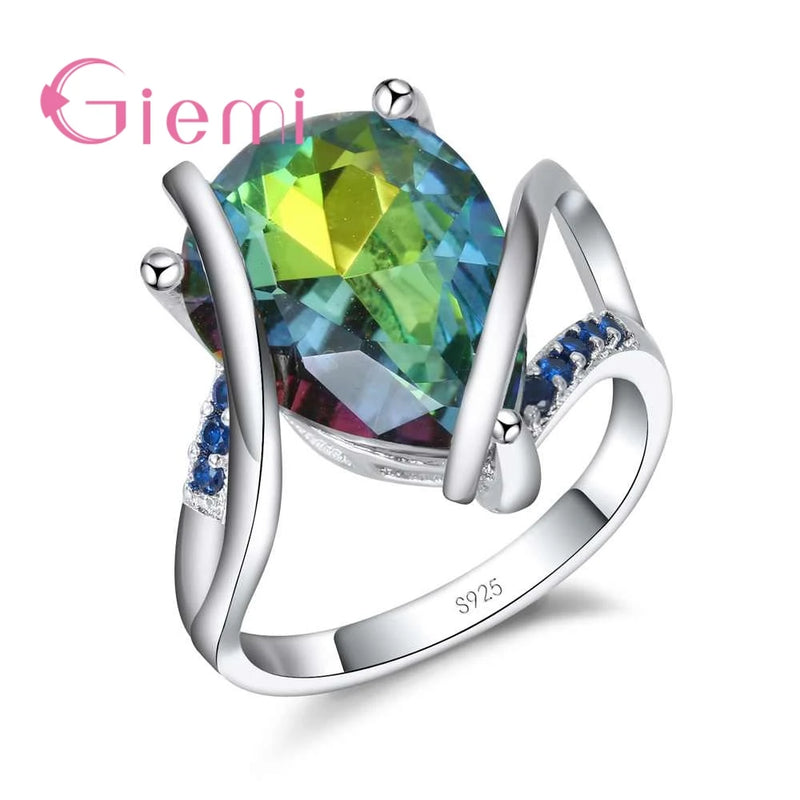 Colorful Zircon Water Drop Ring 925 Sterling Silver Jewelry for Women