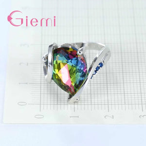 Colorful Zircon Water Drop Ring 925 Sterling Silver Jewelry for Women