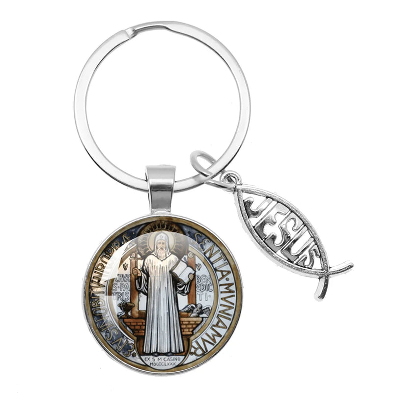 Glass Handcraft Saint Benedict Medallion Keychain