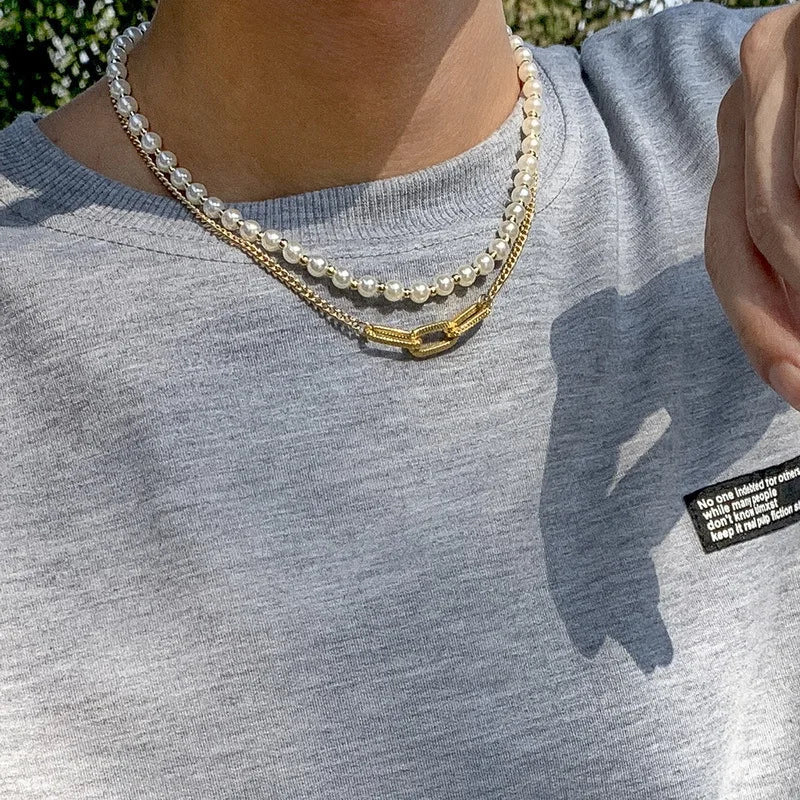 Hip Hop Retro Pearl Double Chain Necklace