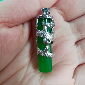 Jade & Silver Dragon Pendant Charm Hand-Carved Necklace