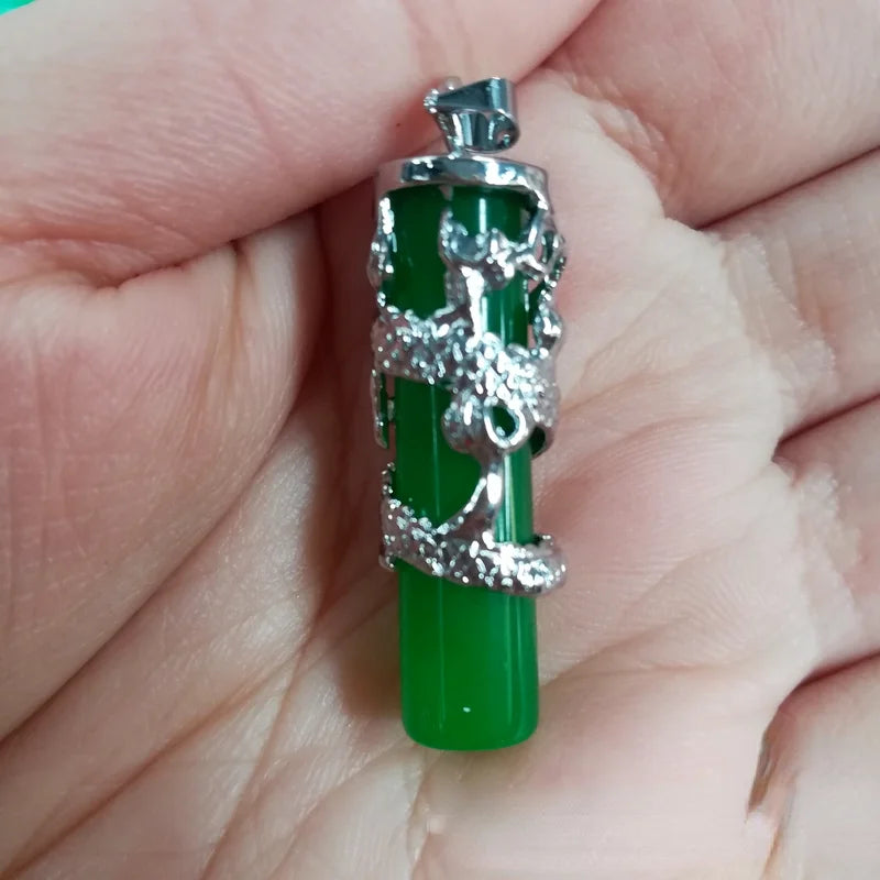 Jade & Silver Dragon Pendant Charm Hand-Carved Necklace