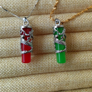 Jade & Silver Dragon Pendant Charm Hand-Carved Necklace