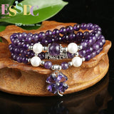 Natural Amethyst Purple Crystal Pearl Clover Pendant Bracelet