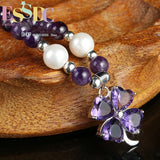 Natural Amethyst Purple Crystal Pearl Clover Pendant Bracelet