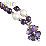 Natural Amethyst Purple Crystal Pearl Clover Pendant Bracelet