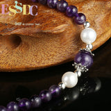 Natural Amethyst Purple Crystal Pearl Clover Pendant Bracelet