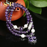 Natural Amethyst Purple Crystal Pearl Clover Pendant Bracelet