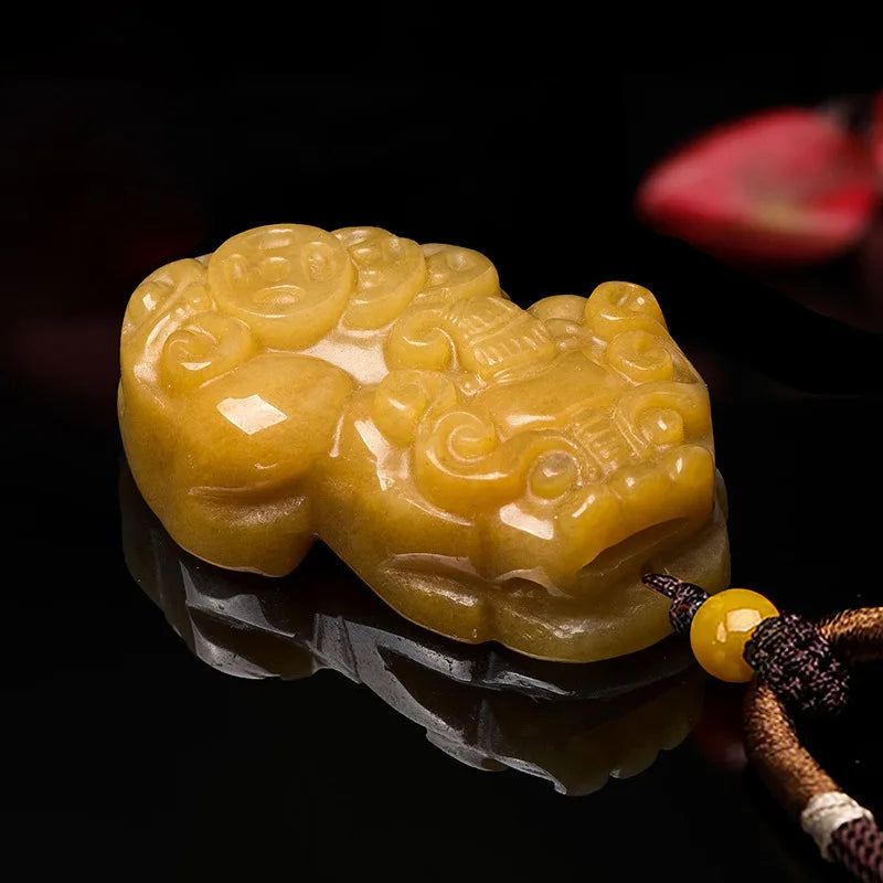 Natural Golden Silk Jade Lucky Pixiu Pendant Hand-Carved Charm