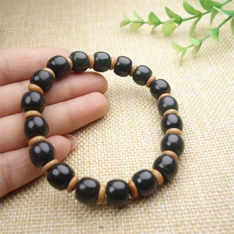 Hetian Cyan Jade Barrel Beads Bracelet Luck Gift