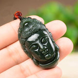 Hand-carved Hetian Jade Cyan Guanyin Buddha Head Necklace Pendant