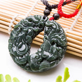 Hand-carve Hetian Jade Cyan Dragon Phoenix Pendant Necklace