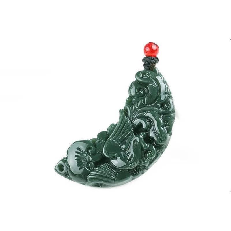 Hand-carve Hetian Jade Cyan Dragon Phoenix Pendant Necklace