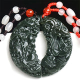 Hand-carve Hetian Jade Cyan Dragon Phoenix Pendant Necklace