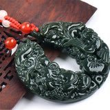 Hand-carve Hetian Jade Cyan Dragon Phoenix Pendant Necklace