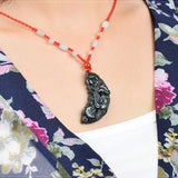 Hand-carve Hetian Jade Cyan Dragon Phoenix Pendant Necklace