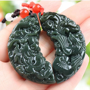 Hand-carve Hetian Jade Cyan Dragon Phoenix Pendant Necklace