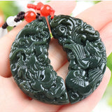 Hand-carve Hetian Jade Cyan Dragon Phoenix Pendant Necklace