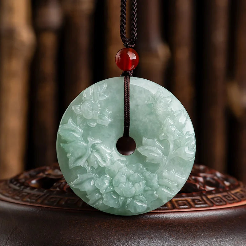Hand-carve Jade Blooming Fortune Pingan Buckle Necklace Pendant