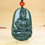 Natural Hand-carve Jade Cyan Guanyin Necklace Pendant Jewelry