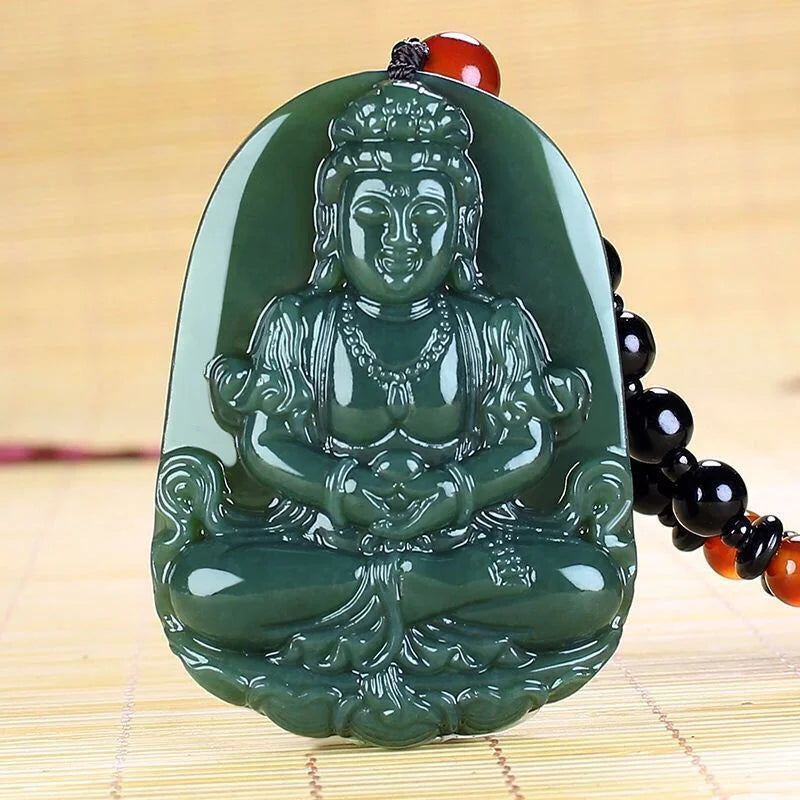 Natural Hand-carve Jade Cyan Guanyin Necklace Pendant Jewelry