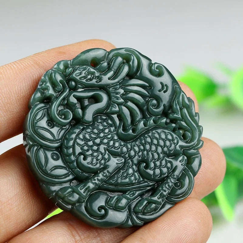 Hand-carved Jade Cyan Kylin Necklace Pendant for Luck