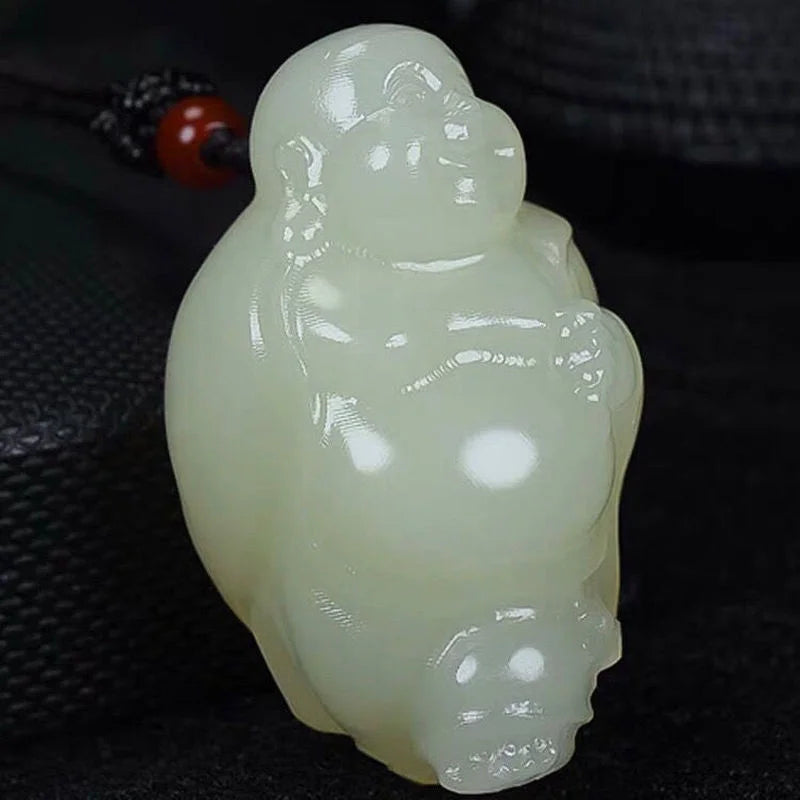 Hand-carve Jade Cyan Maitreya Buddha Necklace Pendant