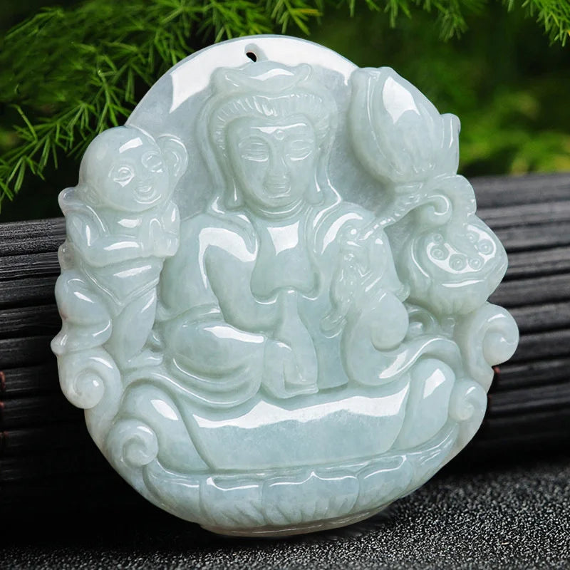 Natural Hand-carve Jade Guanyin Sends Son Necklace Pendant