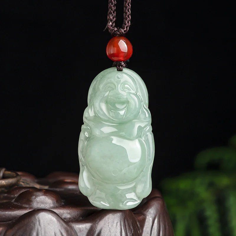 Hand-carve Jade Maitreya Buddha Necklace Pendant Jewelry Men Women Luck Amulet