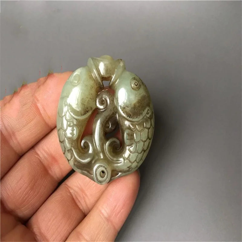 Natural Hand-carve Jade Pisces Necklace Pendant Luck