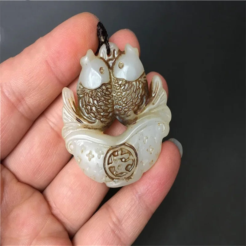 Natural Jade Pisces Pingan Fish Necklace Pendant Jewelry Men Women Luck