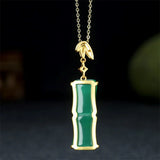 Hand-carve Jade Copper Plating 24k Bamboo Necklace Pendant Jewelry
